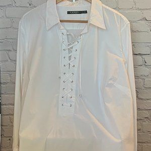 Women’s Plus Ralph Lauren White Long Sleeve Lace Up Blouse